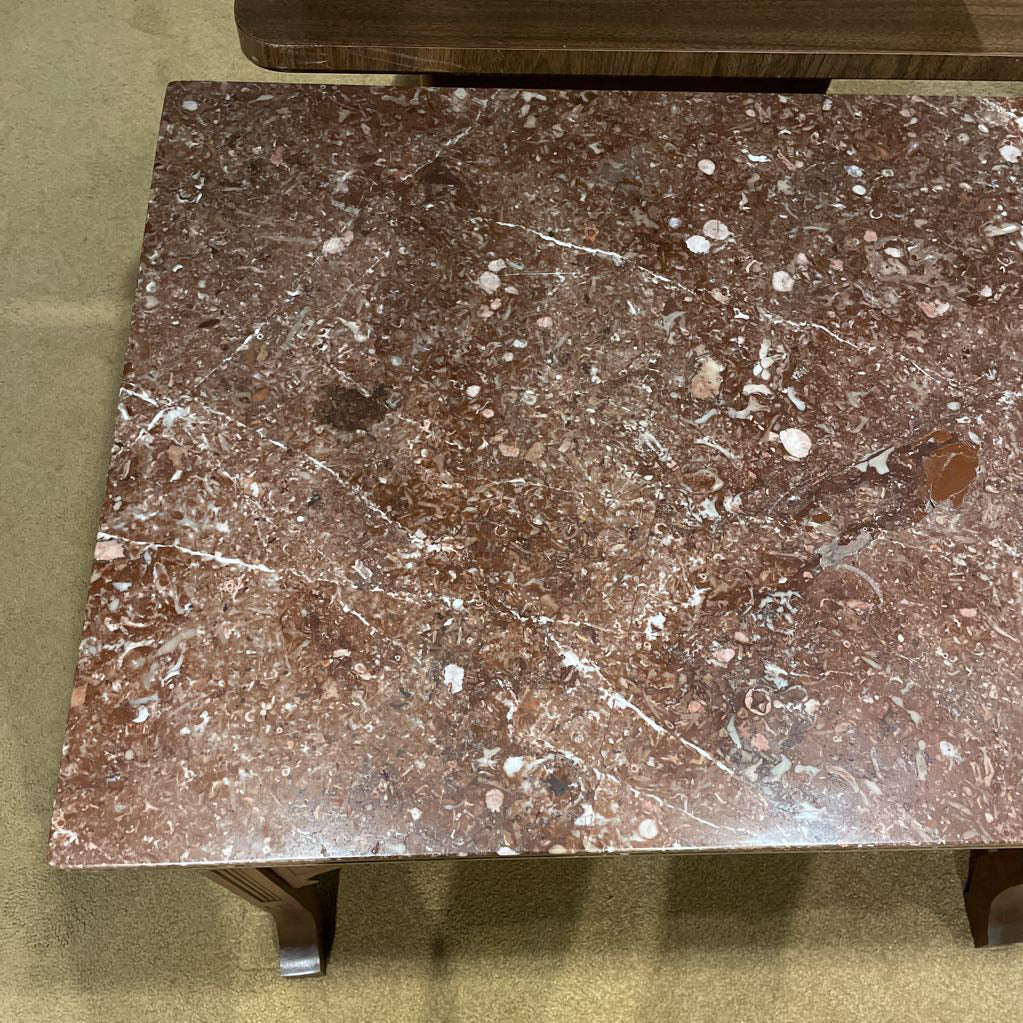 Carved Wooden Base Entry Table w/ Stone Top C SIDE TABLES