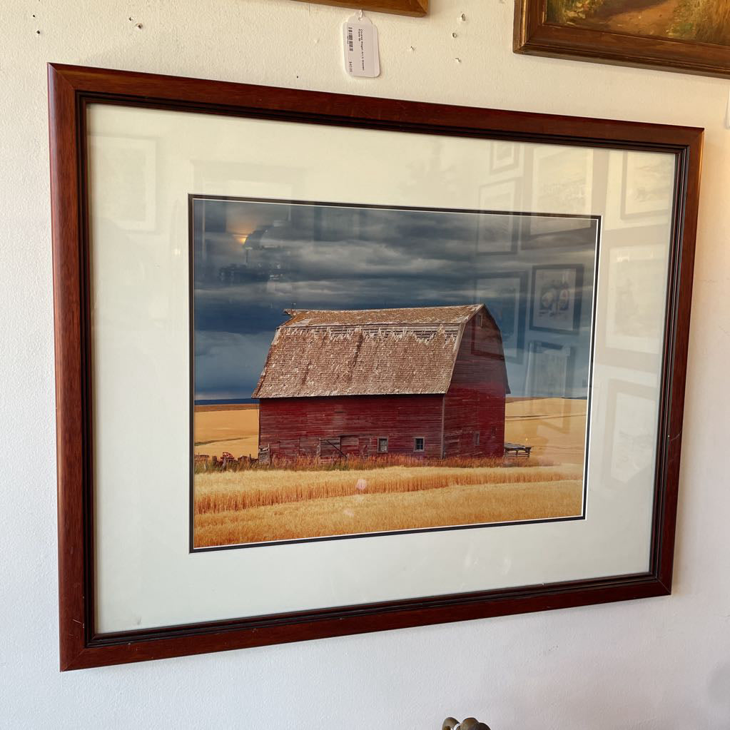 Large Framed Photo of Red Barn with Wheat Field
