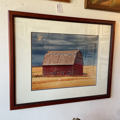Large Framed Photo of Red Barn with Wheat Field