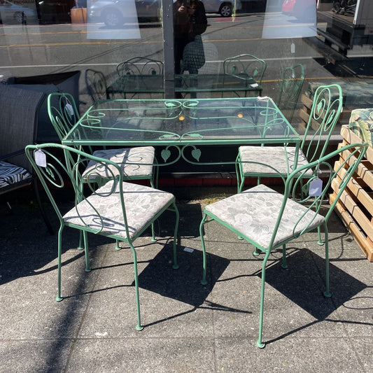 Green Metal Glass Top Outdoor Table & set of 4 Chairs OUTDOOR