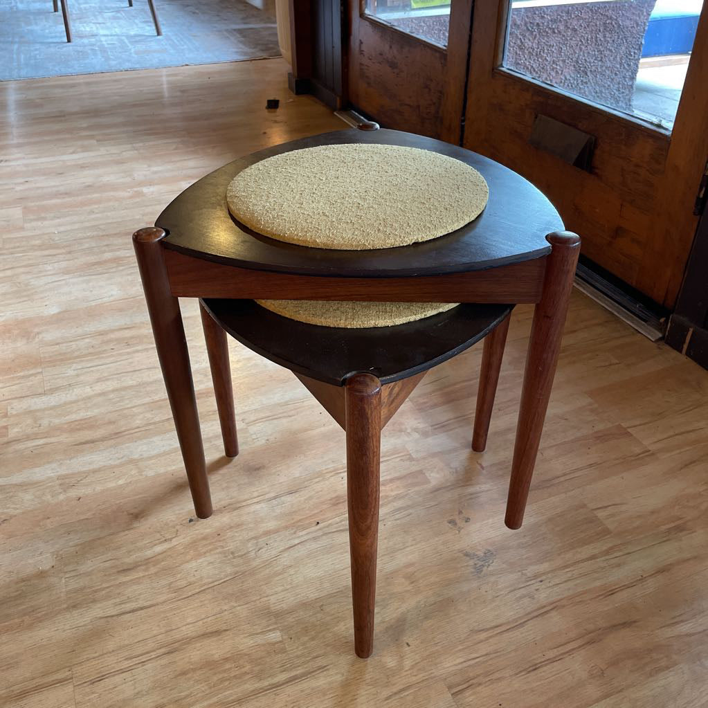 Triangular Nesting Table/Stool with Round Textured Cloth Tops SET/2 UNIQUE FINDS
