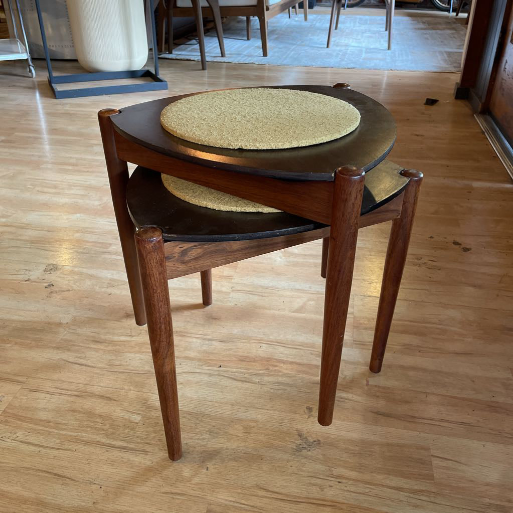 Triangular Nesting Table/Stool with Round Textured Cloth Tops SET/2 UNIQUE FINDS