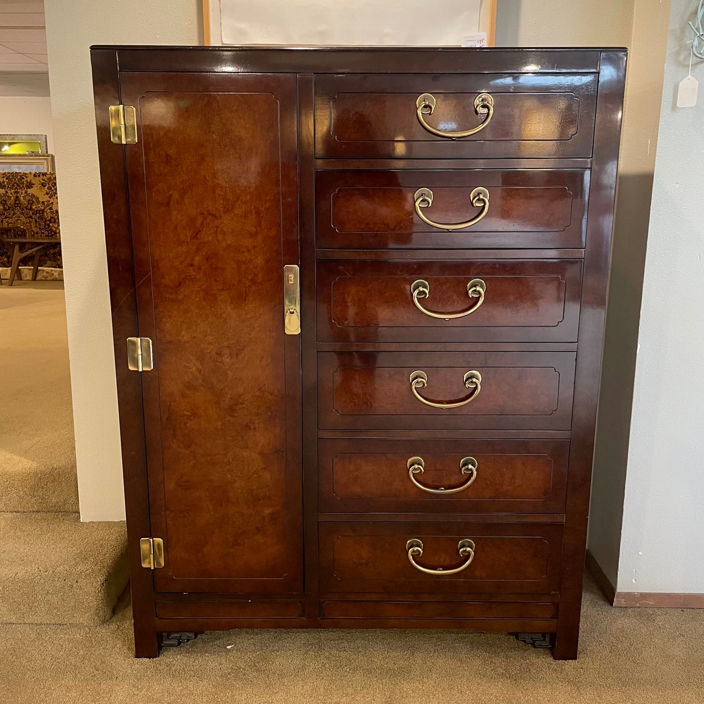Dark Lacquered Wood w/ Gold Accent Chinoiserie 6 Drawer 1 Door Gentlemans Dresser C HIGHBOYS