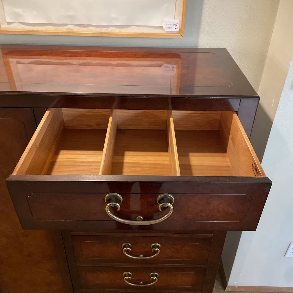 Dark Lacquered Wood w/ Gold Accent Chinoiserie 6 Drawer 1 Door Gentlemans Dresser C HIGHBOYS