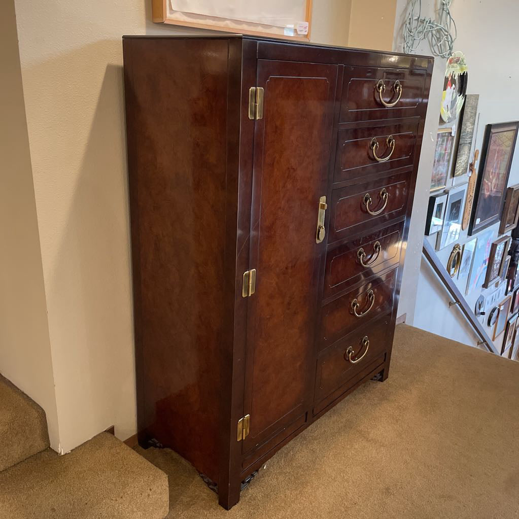 Dark Lacquered Wood w/ Gold Accent Chinoiserie 6 Drawer 1 Door Gentlemans Dresser C HIGHBOYS