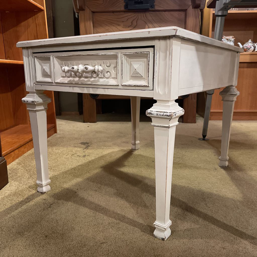 Painted White One Drawer Carved Side Table C SIDE TABLES
