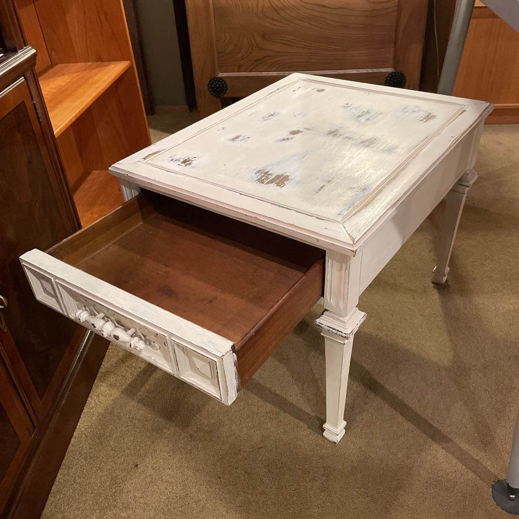 Painted White One Drawer Carved Side Table C SIDE TABLES