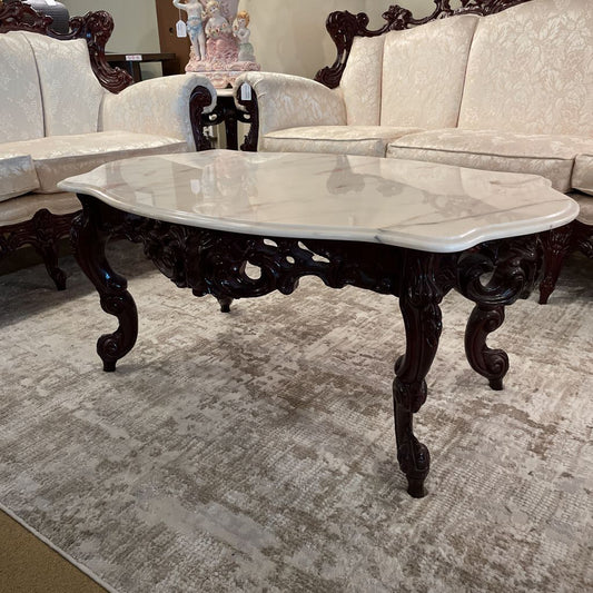Ornate Carved Wood Stone Top Coffee Table C COFFEE TABLES