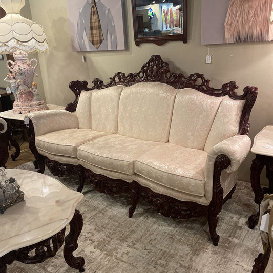Intricately Carved Wood Victorian Style 3 Seat Sofa w Cream Floral Upholstery U SOFAS