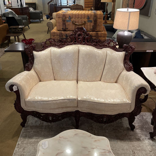 Intricately Carved Wood Victorian Style 2 Seat Settee w Cream Floral Upholstery U SOFAS