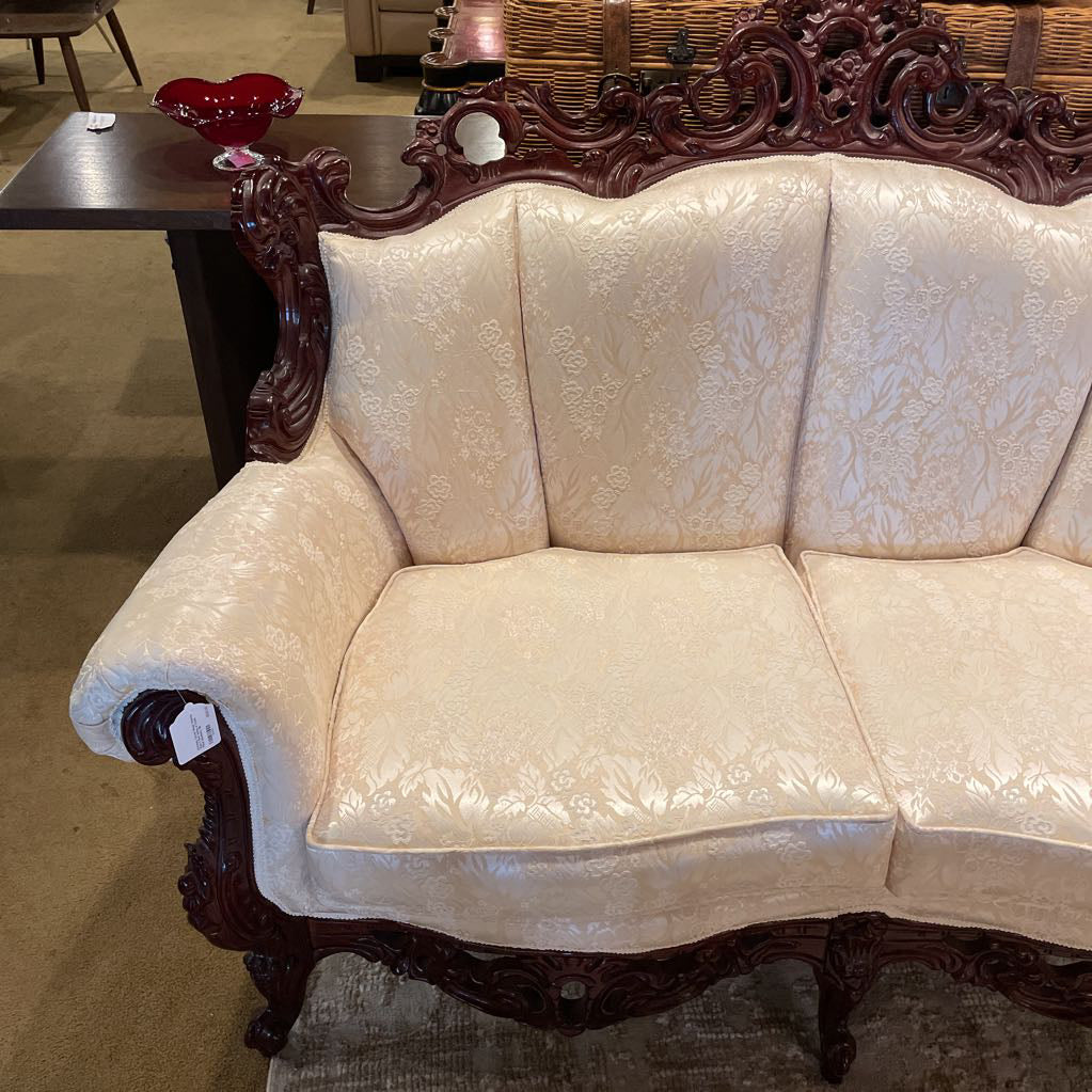 Intricately Carved Wood Victorian Style 2 Seat Settee w Cream Floral Upholstery U SOFAS