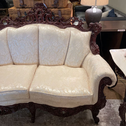 Intricately Carved Wood Victorian Style 2 Seat Settee w Cream Floral Upholstery U SOFAS