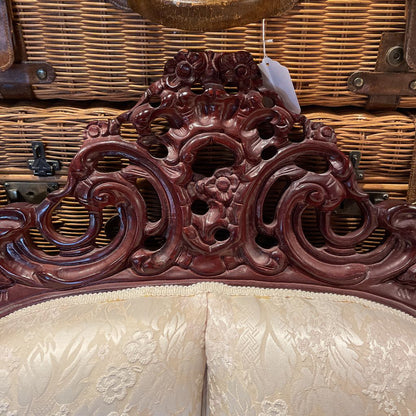 Intricately Carved Wood Victorian Style 2 Seat Settee w Cream Floral Upholstery U SOFAS