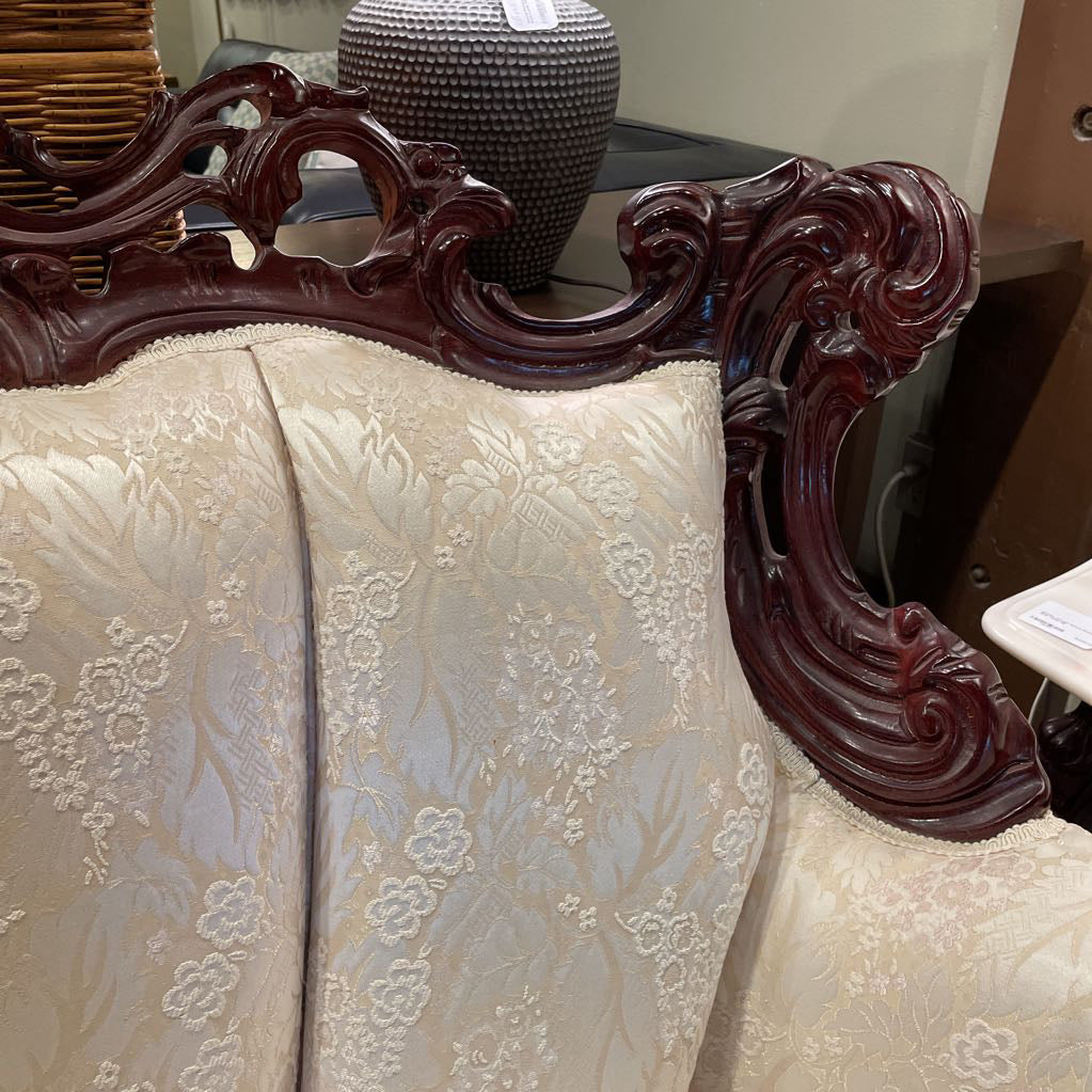 Intricately Carved Wood Victorian Style 2 Seat Settee w Cream Floral Upholstery U SOFAS