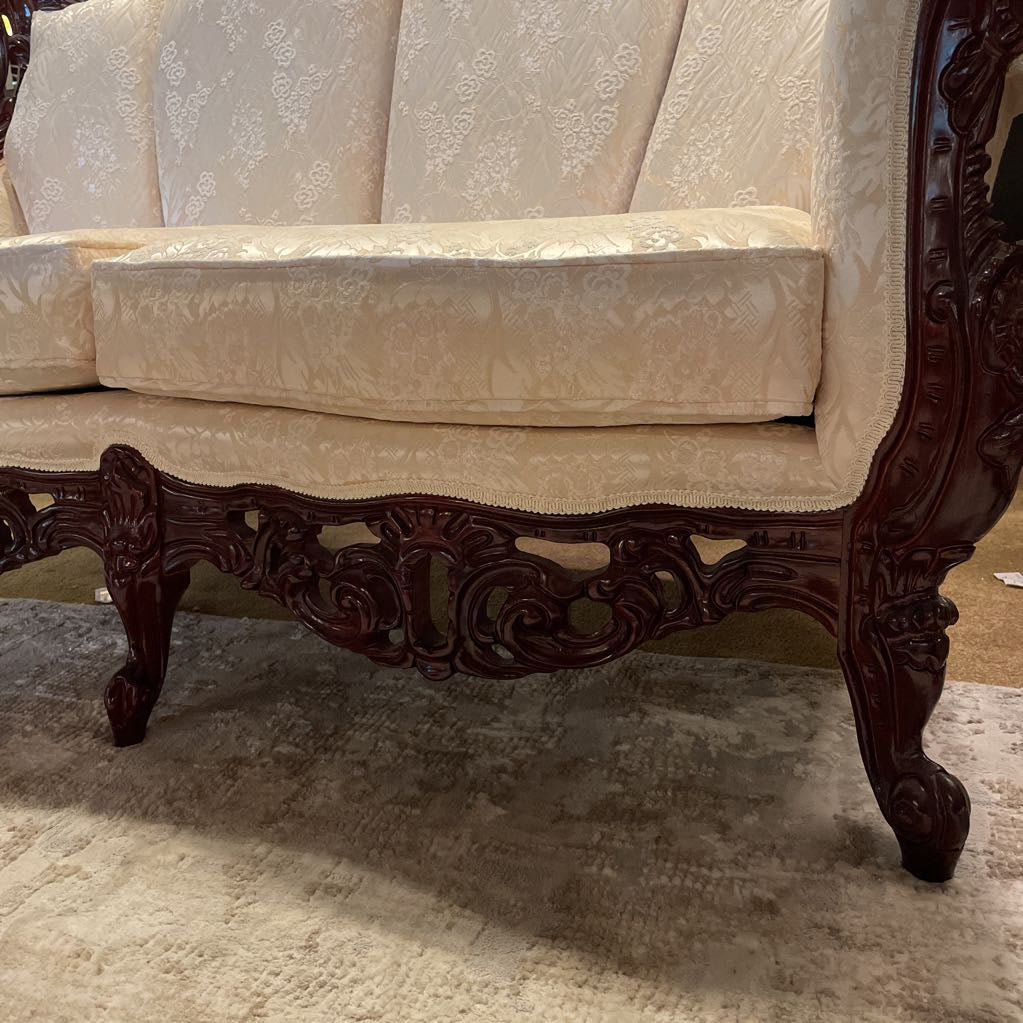 Intricately Carved Wood Victorian Style 2 Seat Settee w Cream Floral Upholstery U SOFAS