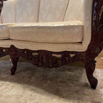 Intricately Carved Wood Victorian Style 2 Seat Settee w Cream Floral Upholstery U SOFAS