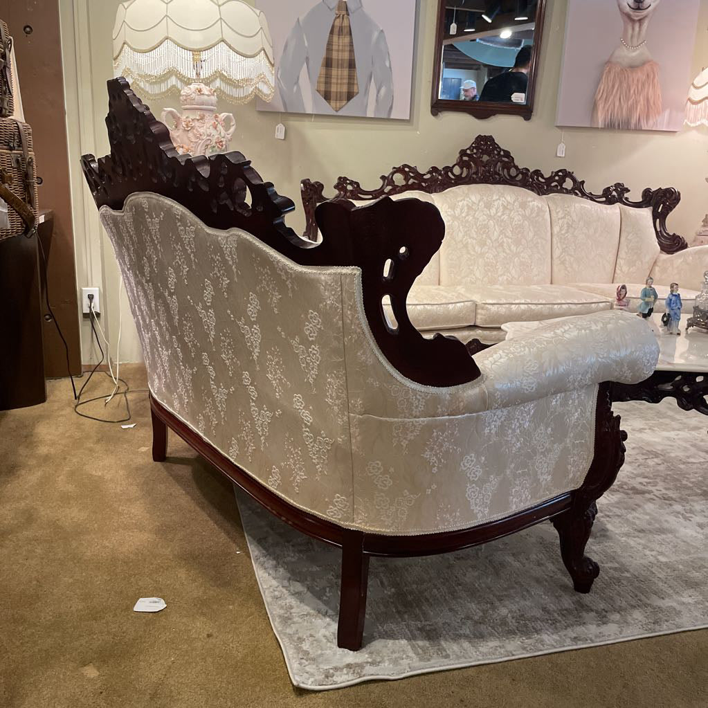 Intricately Carved Wood Victorian Style 2 Seat Settee w Cream Floral Upholstery U SOFAS