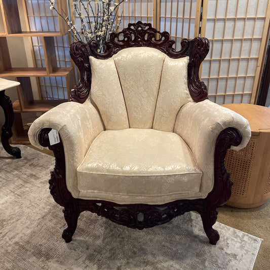 Intricately Carved Wood Victorian Style Chair w Cream Floral Upholstery U ACCENT CHAIRS