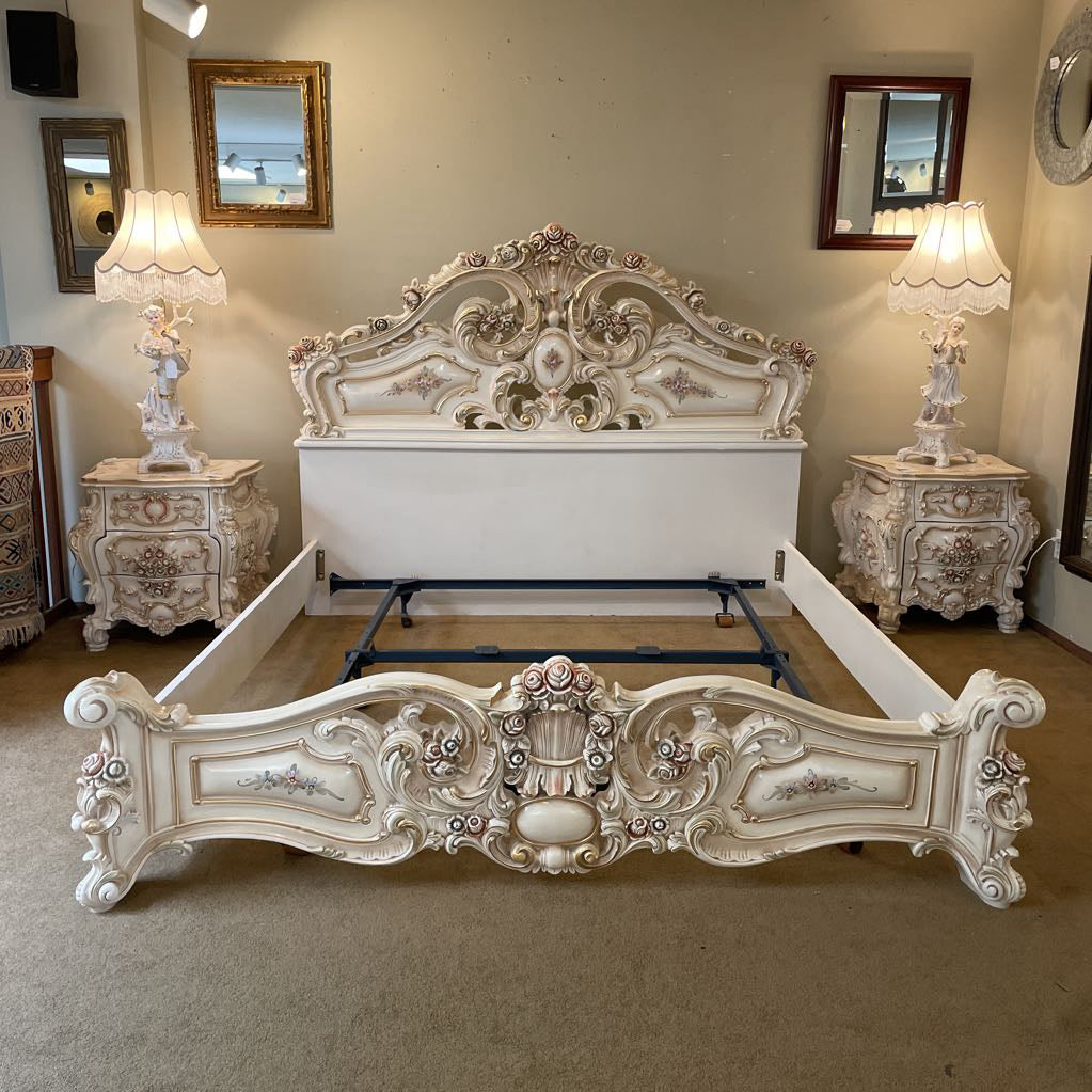 Ornate Rococo Style Queen Bed Frame w/ Floral Motifs C BED FRAMES