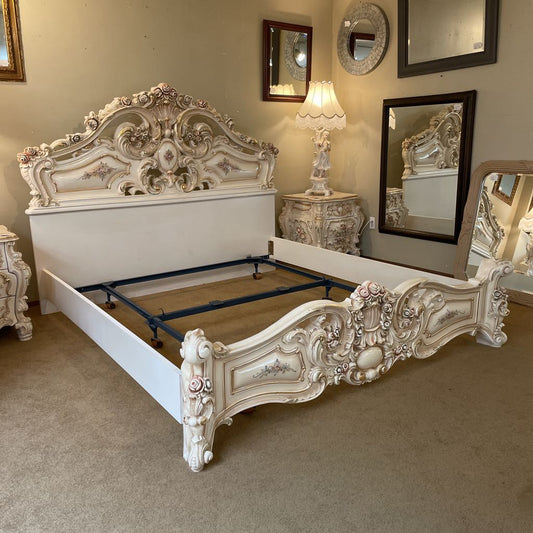 Ornate Rococo Style Queen Bed Frame w/ Floral Motifs C BED FRAMES