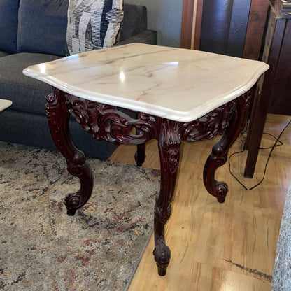 Ornate Carved Wood Stone Top Side Table C SIDE TABLES