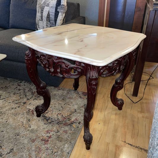 Ornate Carved Wood Stone Top Side Table C SIDE TABLES