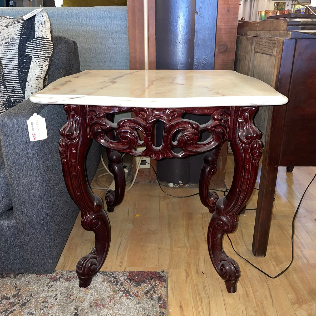 Ornate Carved Wood Stone Top Side Table C SIDE TABLES