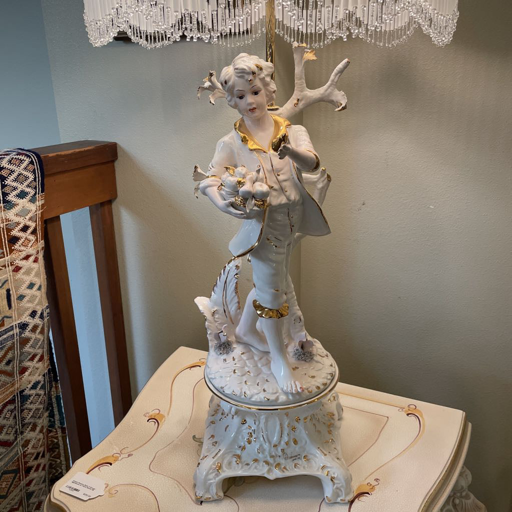 Italian Capodimonte Style Figure Holding Fruits Table Lamp