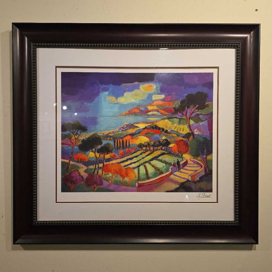 Colorful Fields with Bay Beyond Art in Dark Brown Frame ART