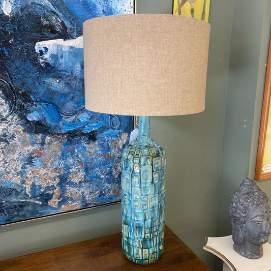 Textured Geometric Blue Green Ceramic MCM Style Table Lamp LAMPS