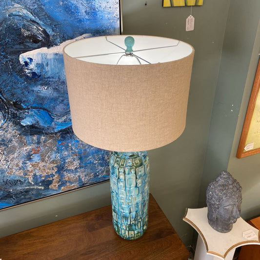 Textured Geometric Blue Green Ceramic MCM Style Table Lamp LAMPS