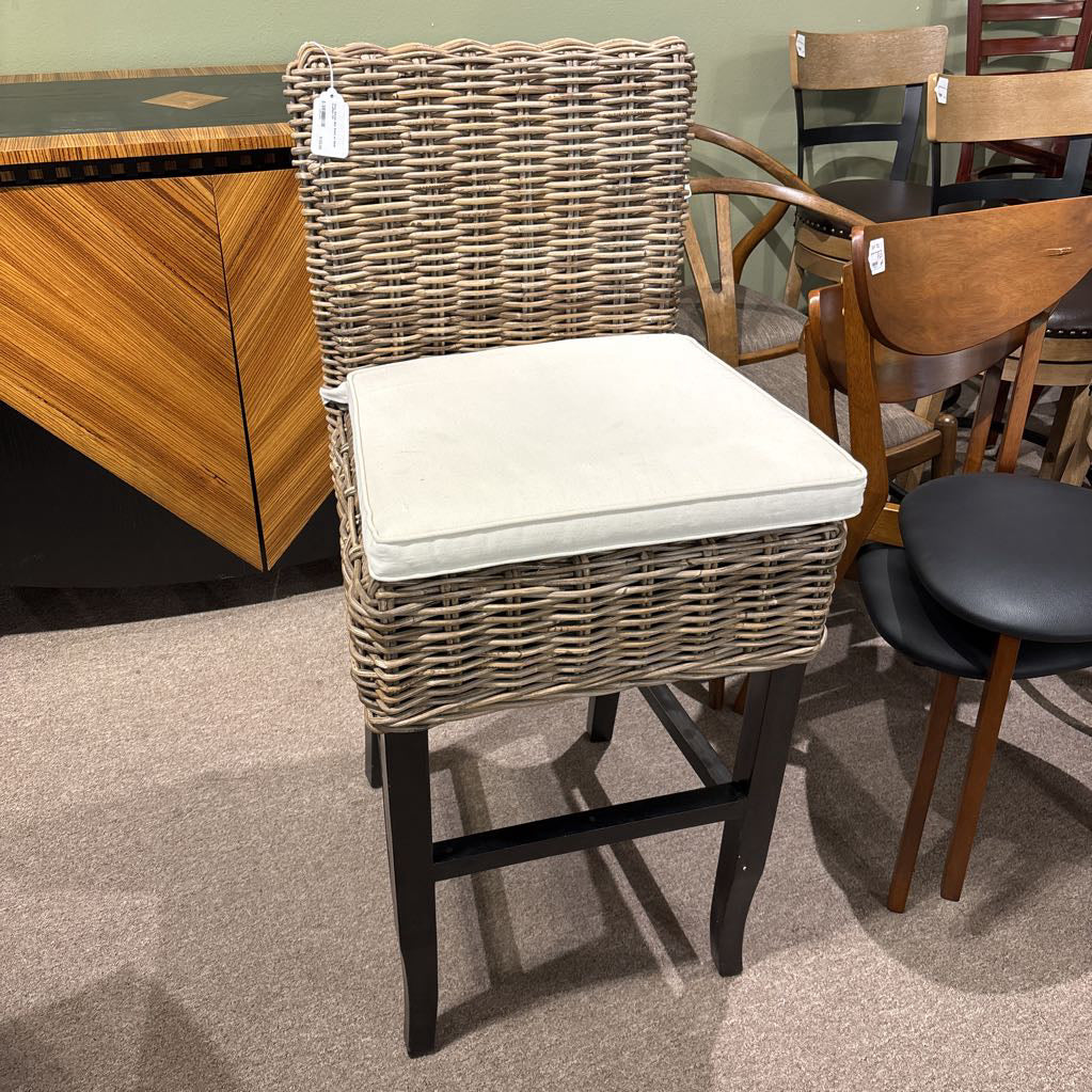 Grey Rattan Bar Stool w/ Seat Cushion