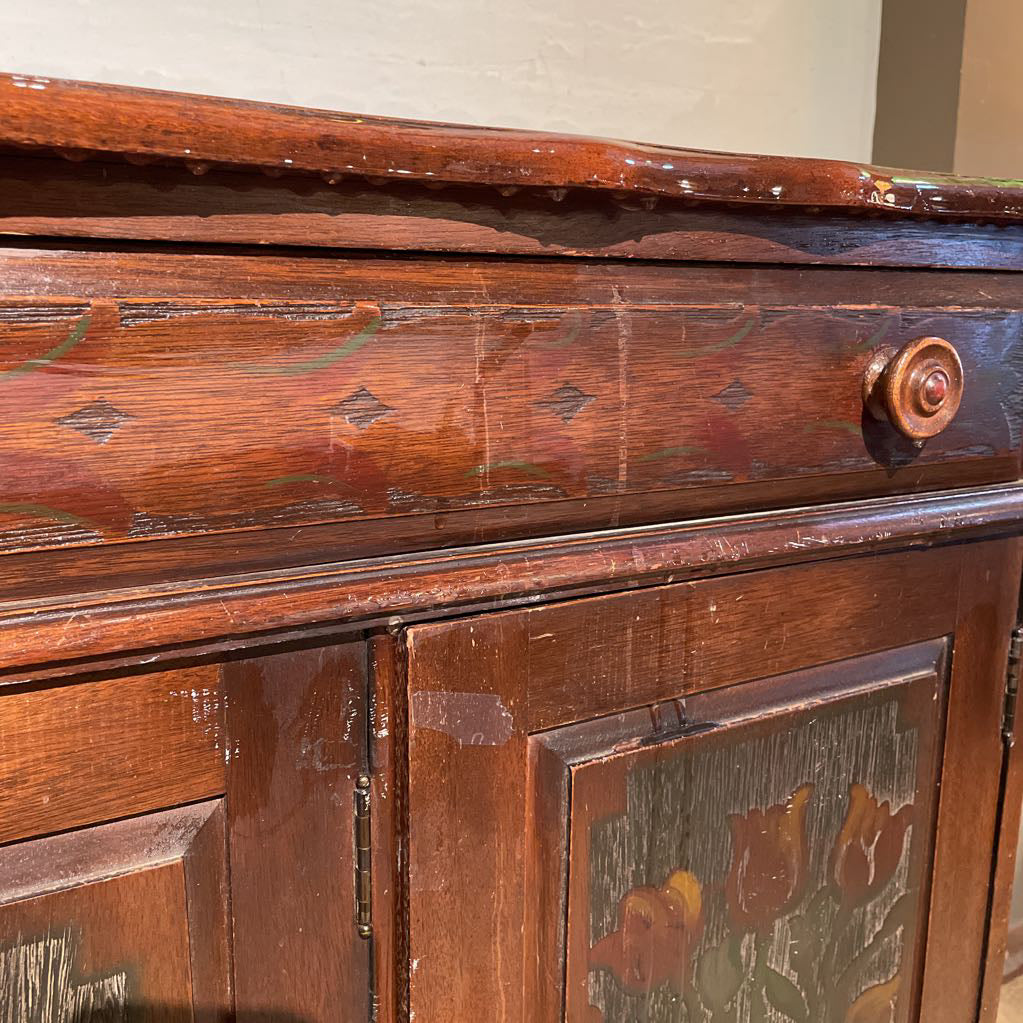 Antique Scalloped Top Painted Florals Buffet C SIDEBOARDS