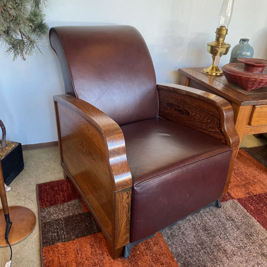 Vintage Leather Rolled Back Wood Side Deco Accent Chair (Reupholstered) U ACCENT CHAIRS