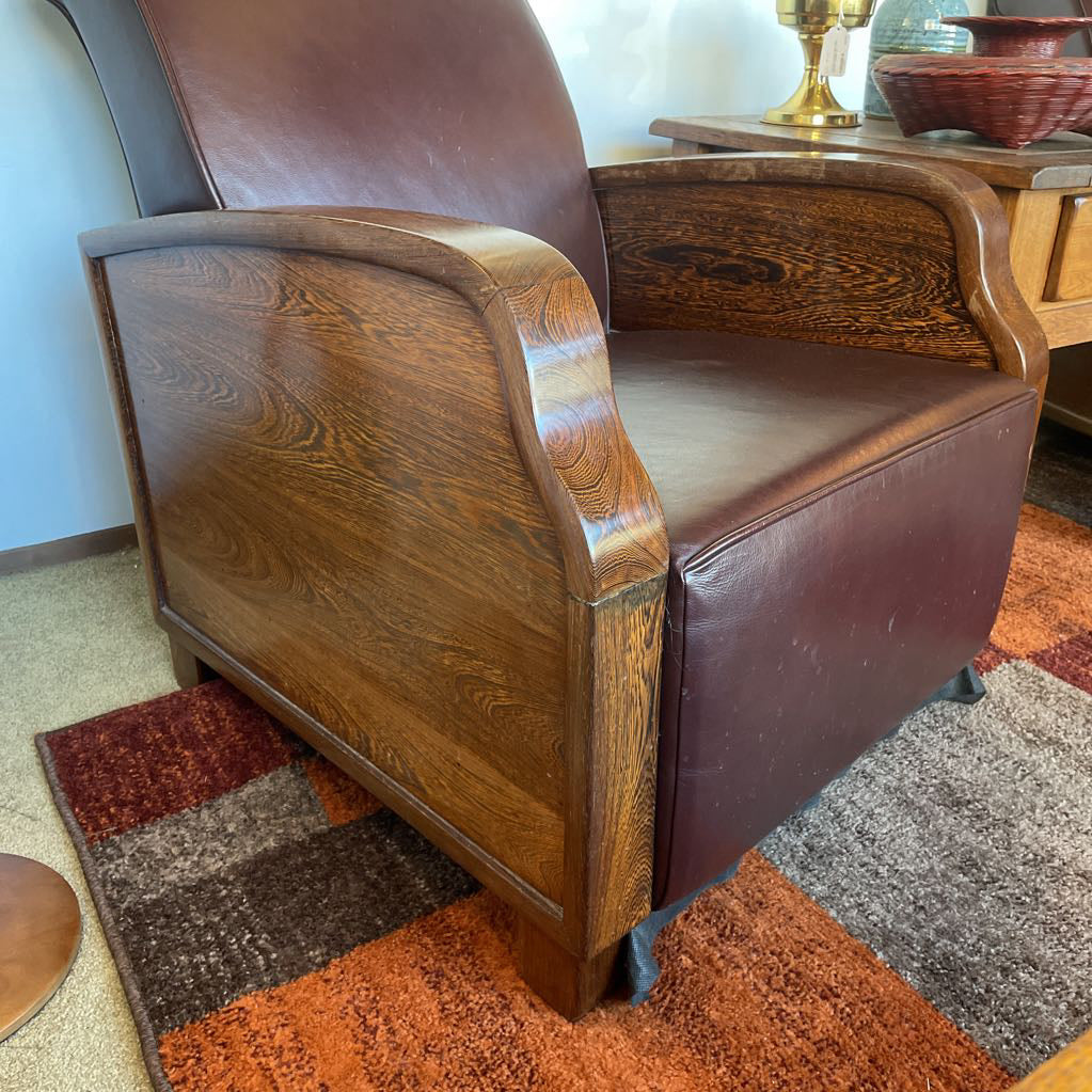 Vintage Leather Rolled Back Wood Side Deco Accent Chair (Reupholstered) U ACCENT CHAIRS