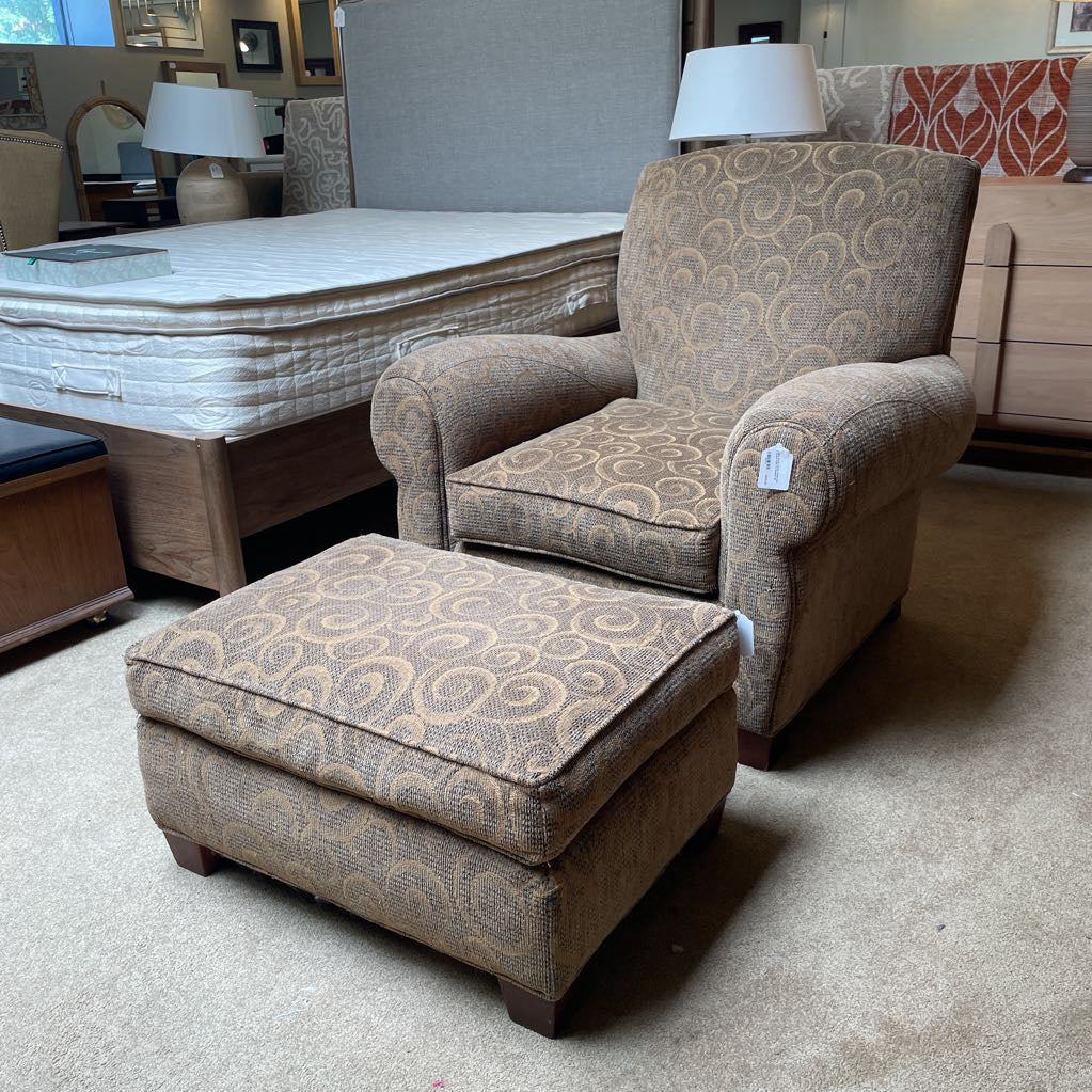 Olive Swirly Pattern Rolled Arm Accent Chair w/ Ottoman U ACCENT CHAIRS