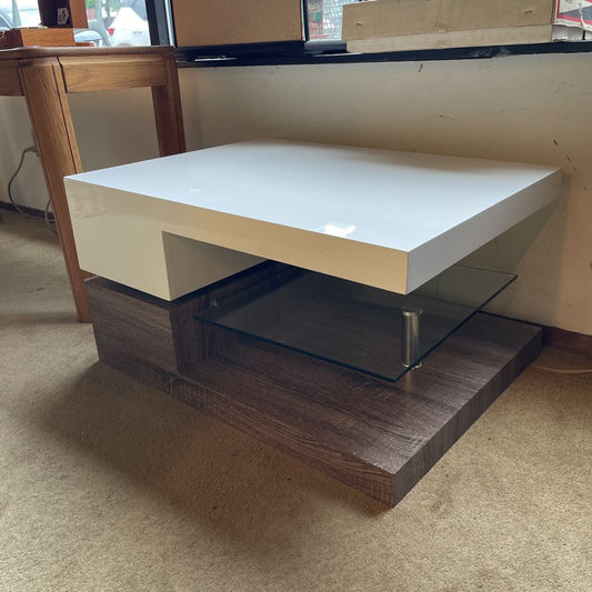 Rotating White Gloss w/ Wood Base & Glass Shelf Cocktail Table C SIDE TABLES