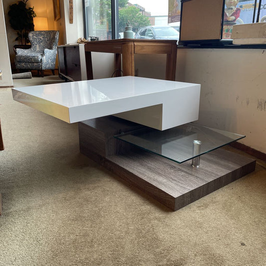 Rotating White Gloss w/ Wood Base & Glass Shelf Cocktail Table C SIDE TABLES