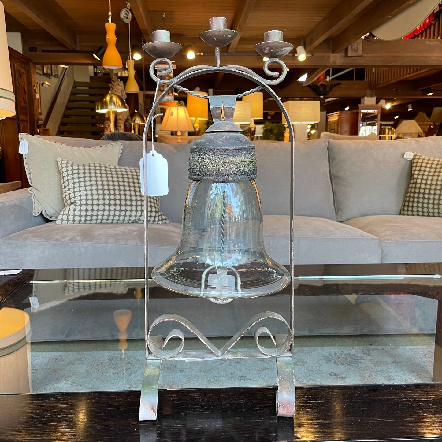 Metal and Glass Bell with Votive Display on Top