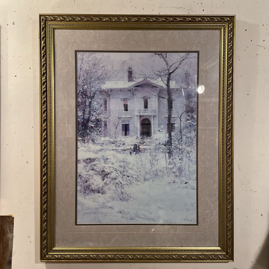 Victorian Country House in the Snow with Gold Frame