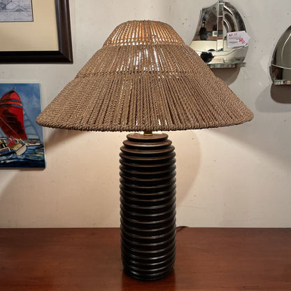 Round Dark Brown Grooved Base Lamp with Wide Woven Shade LAMPS