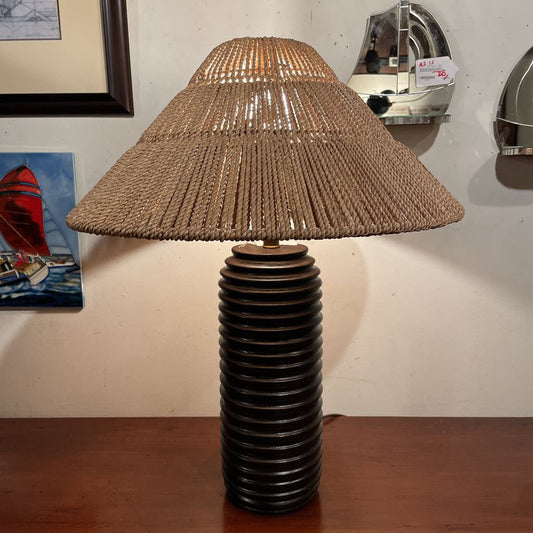 Round Dark Brown Grooved Base Lamp with Wide Woven Shade LAMPS