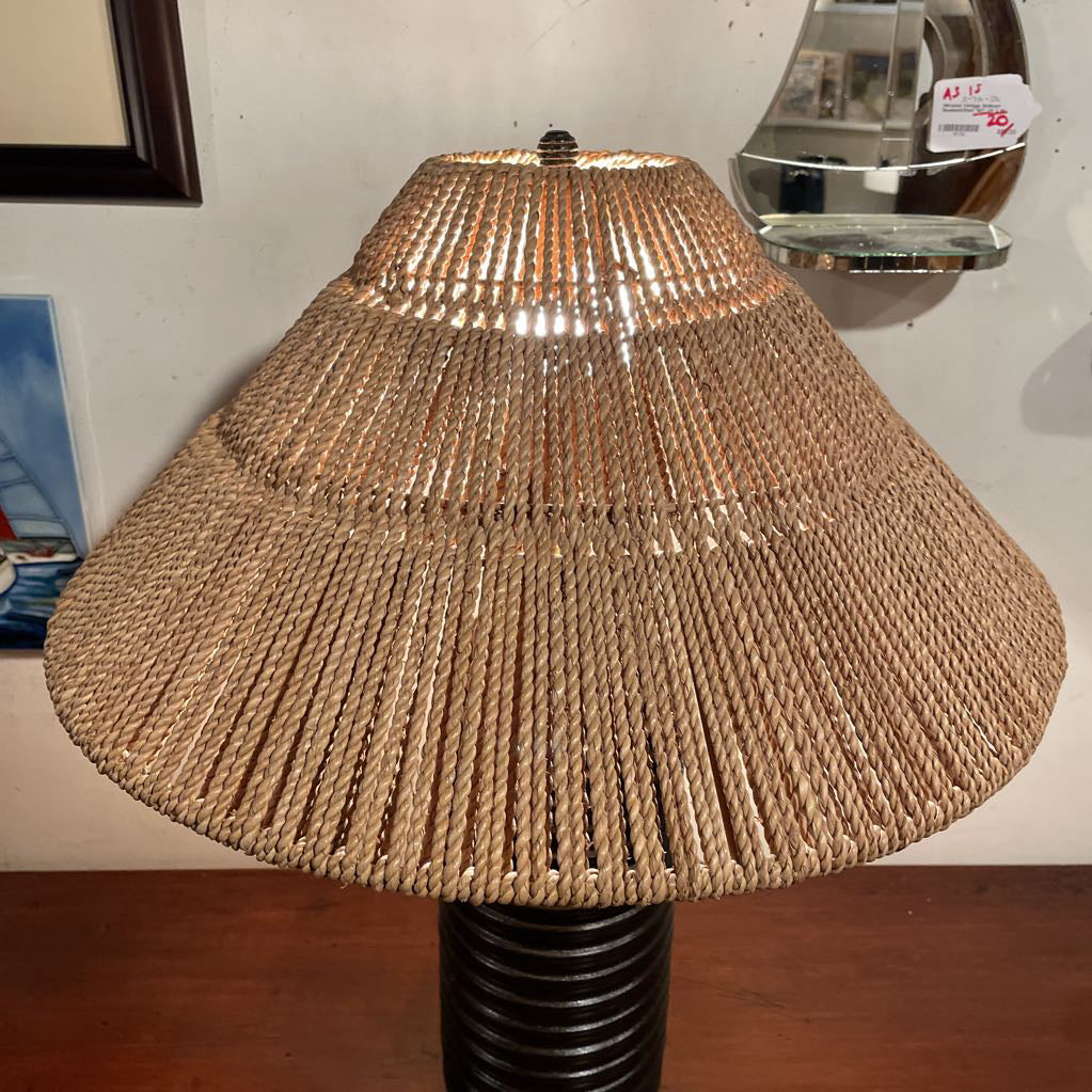 Round Dark Brown Grooved Base Lamp with Wide Woven Shade LAMPS
