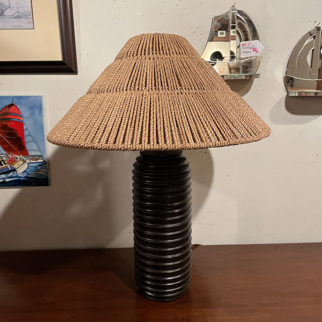 Round Dark Brown Grooved Base Lamp with Wide Woven Shade LAMPS