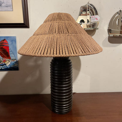 Round Dark Brown Grooved Base Lamp with Wide Woven Shade LAMPS