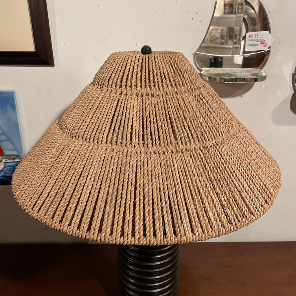 Round Dark Brown Grooved Base Lamp with Wide Woven Shade LAMPS