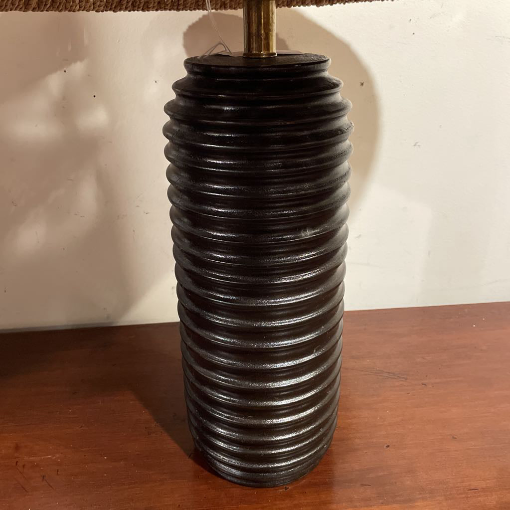 Round Dark Brown Grooved Base Lamp with Wide Woven Shade LAMPS