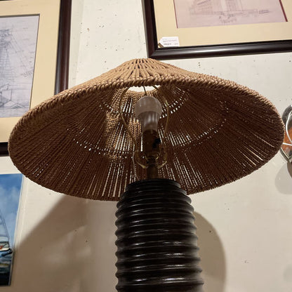 Round Dark Brown Grooved Base Lamp with Wide Woven Shade LAMPS