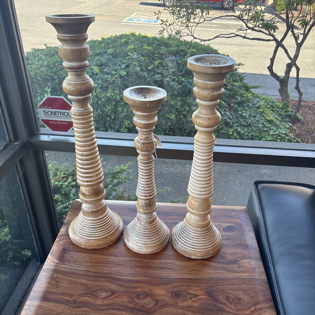Set Of 3 Tall Turned Candle Sticks