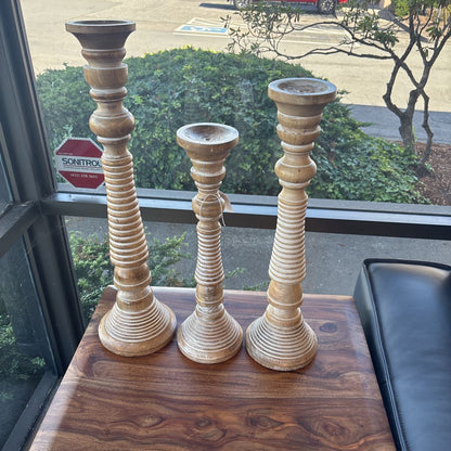 Set Of 3 Tall Turned Candle Sticks